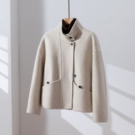 輕盈優雅立襟短版大衣 羊毛混紡雙面面料 米色 260107-2