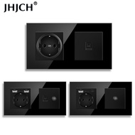 Jhjch EU standard wall socket + TV telephone, tempered glass black rj45 cat6 wall socket + computer