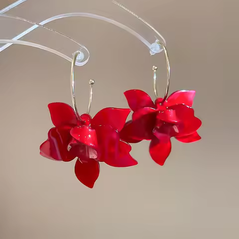 New Red Acrylic Resin Flower Earrings For Women Fashion Jewelry Statement Earings