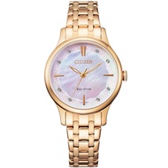 Citizen EM0893-87Y Eco-Drive Ladies Solar Gold Tone Stainless Steel Watch Pink Mother of Pearl Dial