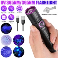 USB Rechargeable UV Light LED Flashlight 5W 365nm/395nm Blacklight Inspection Lamp Zoomable Torch + 