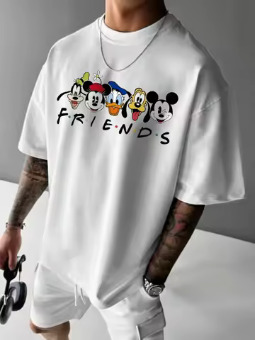 Disney Mickey Mouse & Friends Summer Men's Casual Cartoon Print Short Sleeve T-Shirt White T-shirt U