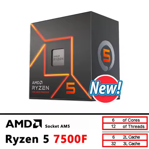 AMD R5 7500F BOX Ryzen 5 7500F 3.7GHz 6-Core 12-Thread CPU 5NM L3=32M 100-000001015 Socket AM5 Tray 