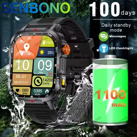 SENBONO Men's Smart Watch BT Call 1100mAh Battery 100day Standby Time IP68 Waterproof Fitness Tracke