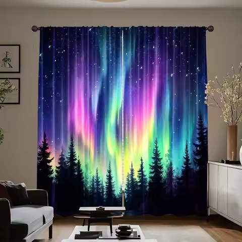 Two-Piece Set of Aurora Curtains, Rod-Style Polyester Fiber Blackout Curtains, Galaxy Aurora Forest 