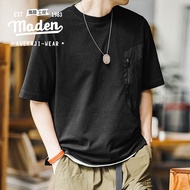 MADEN เสื้อสวมหัวคอกลมสำหรับเด็กผู้ชายและเด็กผู้หญิงเสื้อยืดผ้าฝ้ายวินเทจแบบมีซิปมีกระเป๋า2023ฤดูร้อนใหม่