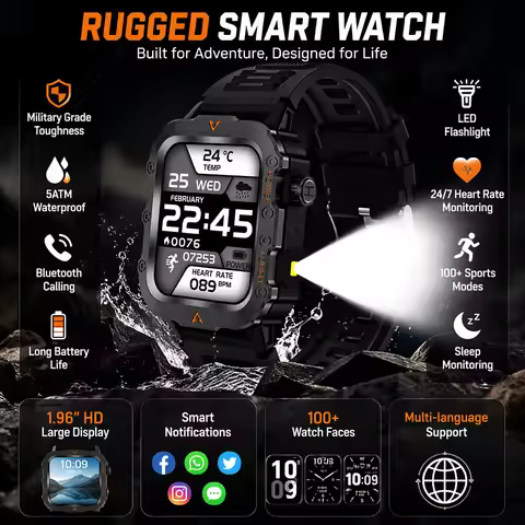 New Men's Smart Watch LED Flashlight Outdoor Military Sports Smart Watch Wristwatch Heart Rate Healt