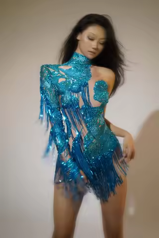 Duxiu Sparkly Sequins Tassel Prom Dress Women Single Shoulder Leotard Performance Outfit Dance Costu