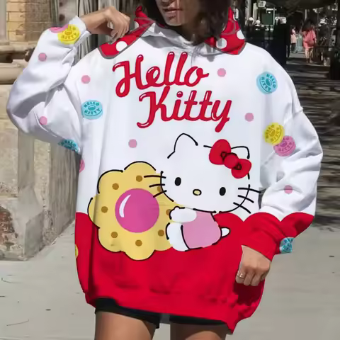 Hello Kitty Cookie Graphic Hoodie Women Y2K Oversized Sweatshirt Harajuku Polka Dot Loose Pullover T