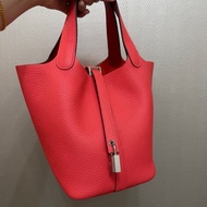 Hermes 0E德克薩斯粉Clemence皮拼5E硃砂紅Swift皮銀釦Picotin 18