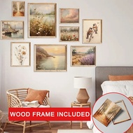 (With Frame）French Country Landscape Poster with Frame Vintage Farmhouse Art Colorful Canvas Paintin