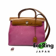 △ Hermes 愛馬仕 Herbag 31 Pink Canvas &amp; Brown Calfskin Palladium-plated Hardware 2Way Bag Stamp C 粉紅色帆布啡色滑面牛皮銀扣兩用袋 C刻 - 247006277