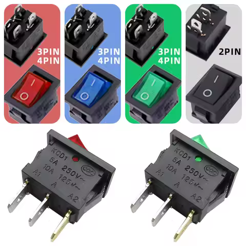 5Pcs KCD1 Series Rocker Switch 15mm x 21mm 2 Pin Black 3 Pin 4 Pin LED Push Button Switch 6A/250V 10
