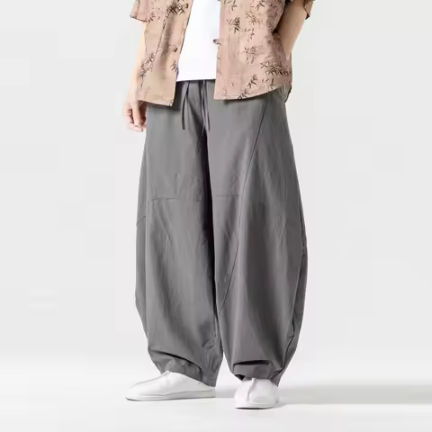 UNITIM Man Harem Pant Vintage Thin Simple Solid Color Men Casual Trousers Loose Drawstring Mid Waist
