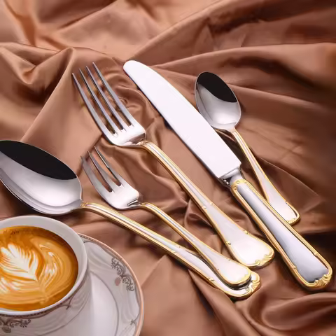 Gold Plated Stainless Steel Cutlery Set Elegant 18-10 Steel Heavy Weight Flatware Tableware Mirror G