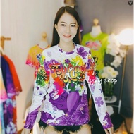 Songkran Shirt Long Sleeves Shiny Fabric Printed All Over Suitable for Both Men and Women.