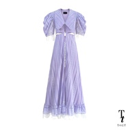 TandT - ROSE EMBROIDERED WIDE COLLAR CUT-OUT WAIST LACE TRIM MAXI DRESS เดรสยาวทรงปล่อยบาน คอปกกะลาส