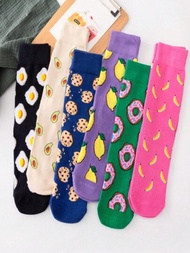 1對女性多彩棉質襪子,卡通水果香蕉酪梨檸檬餅乾甜甜圈水波蛋純棉中筒襪,適用於秋冬,舒適易穿的高筒襪