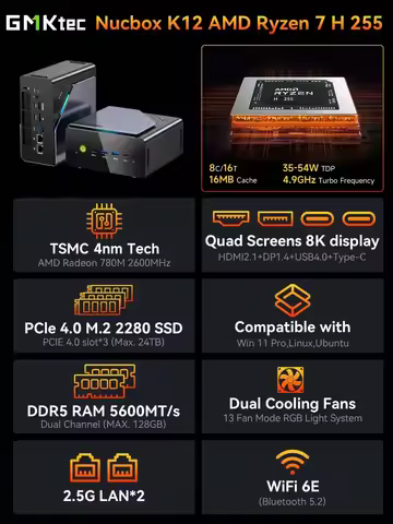 GMKtec K12 AMD Ryzen 7 H 255 Mini PC Windows 11 Pro DDR5 5600Mhz PCie4.0 NVMe SSD Wifi6E BT5.2 Quad 