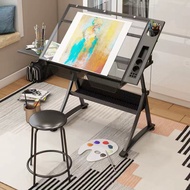 Drafting glass table with extra side table drawers