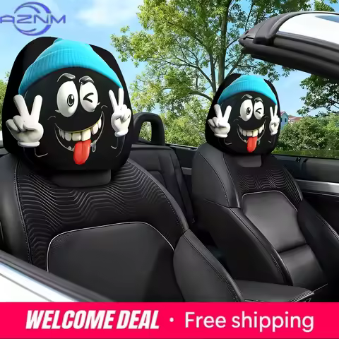 2pcs Blue Hat Cute Expression Themed Printed Car Seat Cushion Headrest Neck Pillow Cover - Featuring