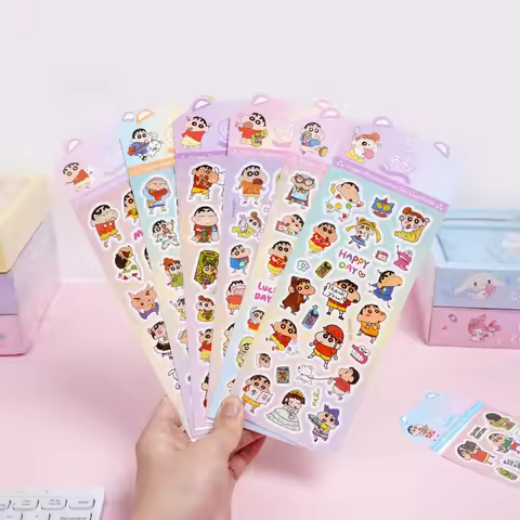 6Pcs Crayon Shin-chan Laser Sticker Girl Children's Cute Cartoon Material Sticker Office Stationery 