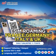 eSIM France,Germany,Italy & UK Daily Unlimited | eSIM Roaming Perjalanan Langsung Aktif