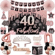 40th Birthday Decorations for Women,33pcs 40th Birthday Party Decorations,Including Backdrop, Crown,