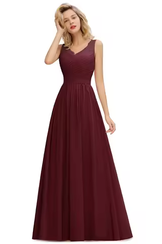 Burgundy V-Neck Bridesmaid Dress with Floral Lace Bodice & Elegant Chiffon Maxi Formal Evening Gowns