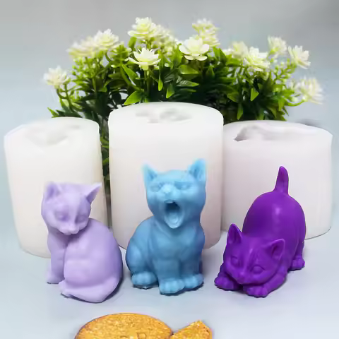 Cute Yawning And Stretching Little Cat Aromatherapy Candle Silicone Mold Kitten Gypsum Resin Decorat