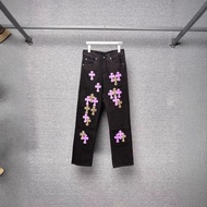 EG5V Chrome Hearts Four Seasons Black Pants Denim Purple Leopard Print Jeans Couple Style