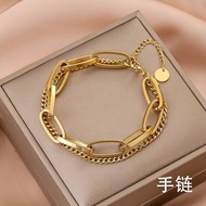 Titanium Steel Material Retro Fashion Golden Long Chain Pendant Double Thick Bracelet Women Trendy A