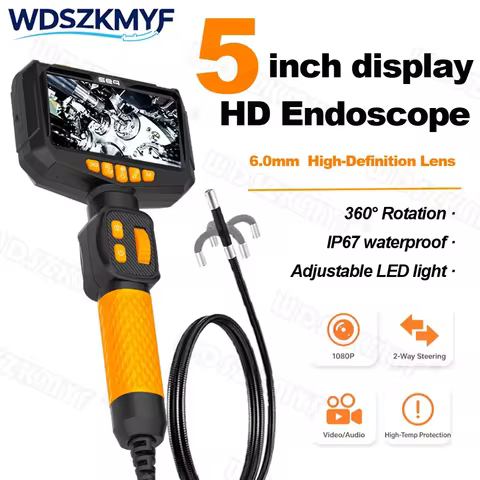 Ultra Slim 6mm Lens 360° Rotating Industrial Endoscope 1080P 5 Inch IPS Screen IP67 Waterproof Bores