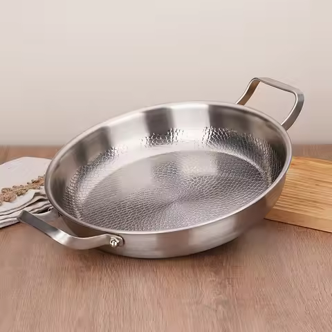 Titanium hammer pattern double ear frying pan for home use, uncoated flat bottomed frying steak, non