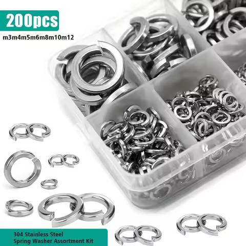 200-Piece Set of M3, M4, M5, M6, M8, M10, and M12 Stainless Steel Spring Washers to Enhance Bolt and