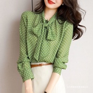 E0424-Summer Ladies Shirt Green Polka Dot Shirt Laced-Up Scarf Collar Long-Sleeved Shirt Thin Top Pr