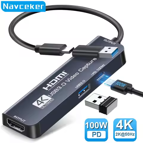 Navceker USB3.0 Video Capture Card with 100W PD USB C to USB A/USB C Live and Record Video Audio Gam
