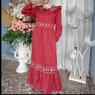 Gamis Wanita Dress Muslim Wanita Red Merah Motif Bunga Bunga Katun