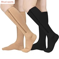 SHUXI ถุงน่องยาวถุงน่อง ถุงเท้าซิปบีบอัด สีของผิว ไนลอนทำจากไนลอน ถุงเท้าปิดความดันเท้ายืดหยุ่น ระบายอากาศได้ระบายอากาศ ถุงเท้ายืดน่อง ถุงเท้าเส้นเลือดขอด เส้นเลือดขอดเส้นเลือดขอด