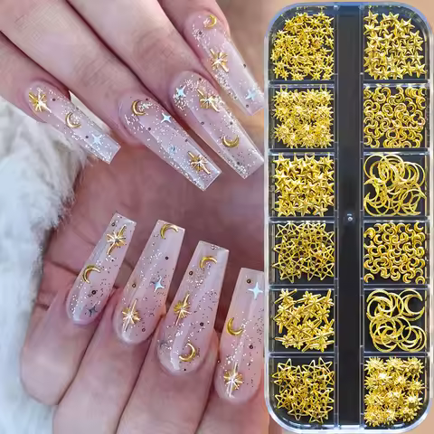12Grids Gold Star/Moon 3D Nail Art Charms 0.1*0.1/0.2*0.2/0.3*0.3in Luxury Alloy Rivet Y2K Sparkly D