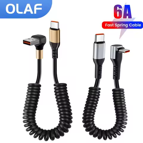 90° Elbow Car Spring Fast Charging Cable 6A USB A Type C Cable for iPhone 14 Xiaomi Samsung Type C t