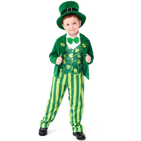 Kids Ireland Leprechauns Costume Boys St. Patrick's Day Green Fairy Clover Outfits for Party