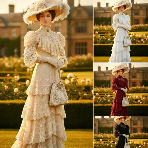 1900s Vintage Victorian Edwardian Costume Walking Dress High Neck Puff Sleeve Lace Belle Epoque Wedd