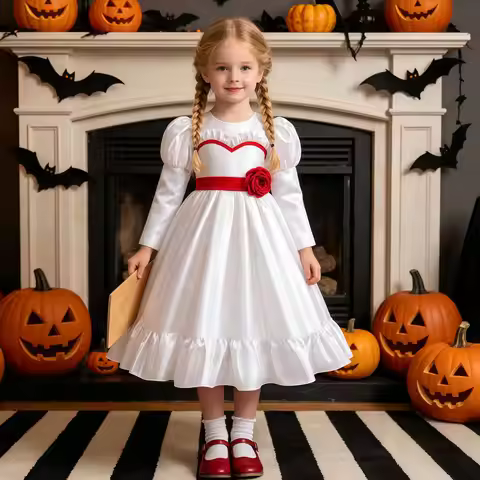 Horror Movie Ghost Bride Costume Kids Long White Dress With Rose For Girls Annabelle Cosplay Hallowe