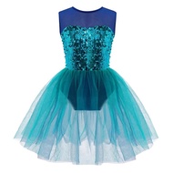 Kids Girls Ballet Dress Shiny Sequins Ballerina Tutu Mesh Dress Sleeveless Gymnastics Leotard Figure