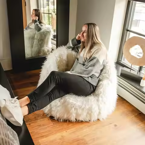 Milano Bean Bag Chair, Ivory Shag Fur, Soft Faux Fur, 2.5 feet