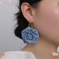 CACTU Denim Blue Fabric Earrings, Handmade Denims Blue Rose Earrings, Exaggerate Ornament Denim Flor