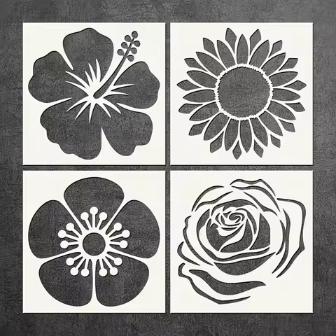4 Pcs Floral Stencil Set - Hibiscus, Sunflower, Rose, and Anemone, 5.9x5.9 inch for DIY Home Decor, 