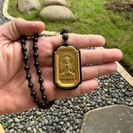 Kalung Hatian Jade Hitam Tahta Gold Plated / Liontin Plat Persegi Batu Hitam Motif Buddha Maitreya G