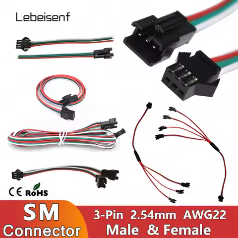 LED Strip JST SM 3P Male Female Connection Harness 1 to 2 3 4 Synchronized Wire 2.54mm Pitch 1M 2M 5